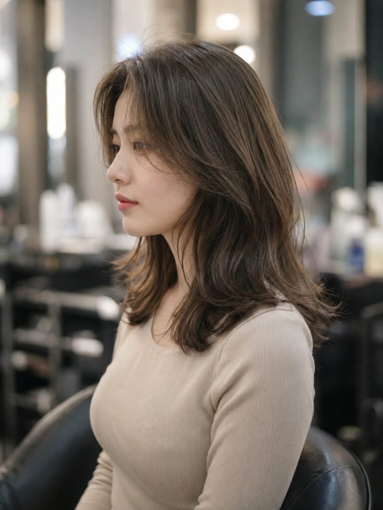 느슨한 웨이브 펌의 옆모습